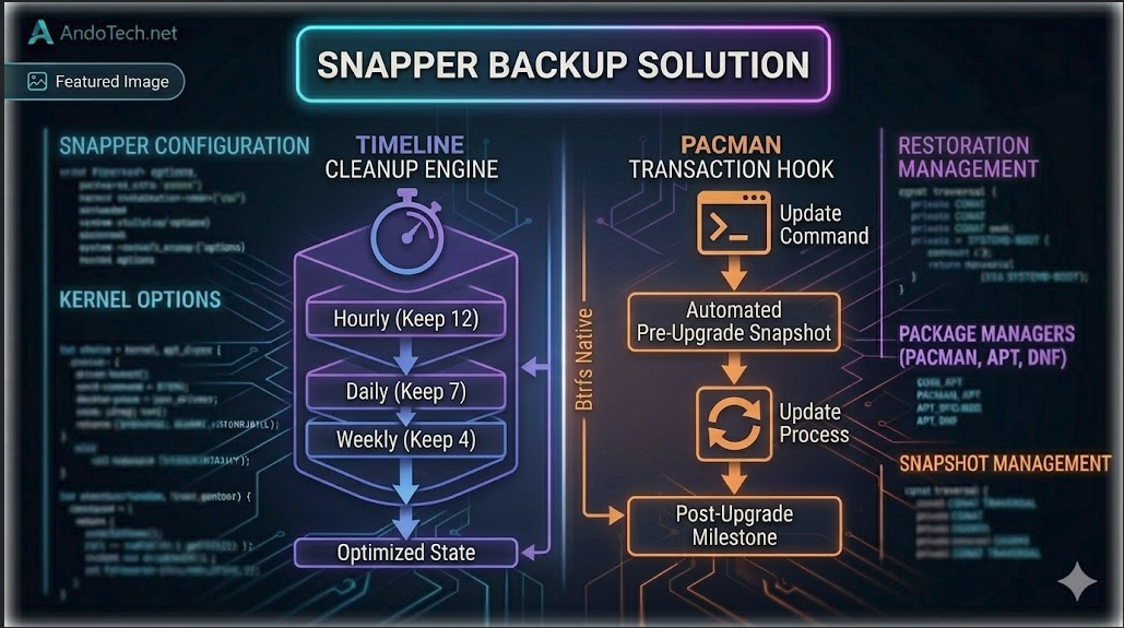 A technical conceptual diagram for AndoTech detailing the Snapper backup utility layout on a dark background. The left half shows automated timeline snapshot retention rules (Hourly, Daily, Weekly), while the right half illustrates a package manager pre-and-post upgrade snapshot hook pipeline.