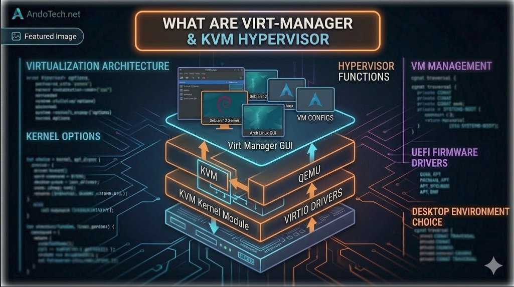 A technical virtualization architecture diagram for AndoTech. It shows the layers of a Linux virtualization stack, including the KVM Kernel Module, QEMU layer, Virtio drivers, and the Virt-Manager GUI controlling various guest virtual machines like Arch and Debian.