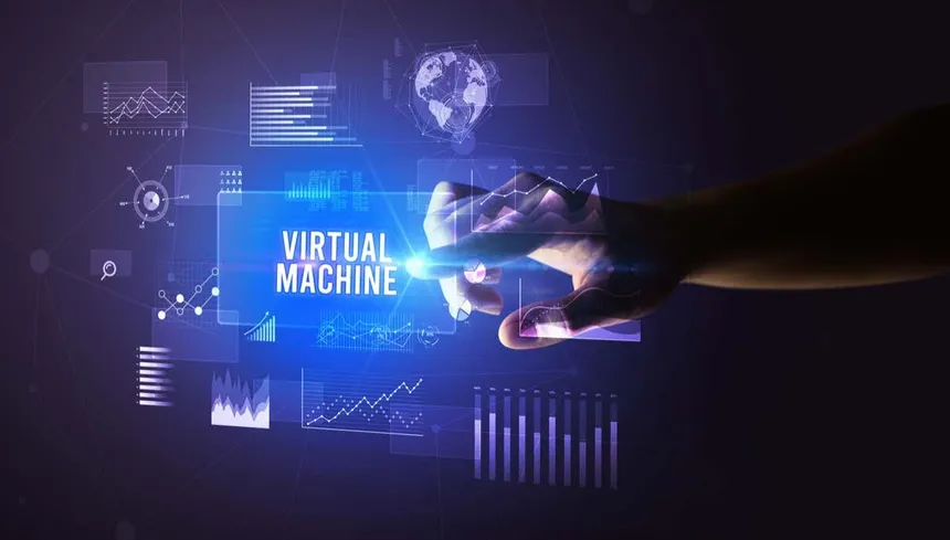 An abstract digital graphic representing virtual machines and KVM hypervisor technology.