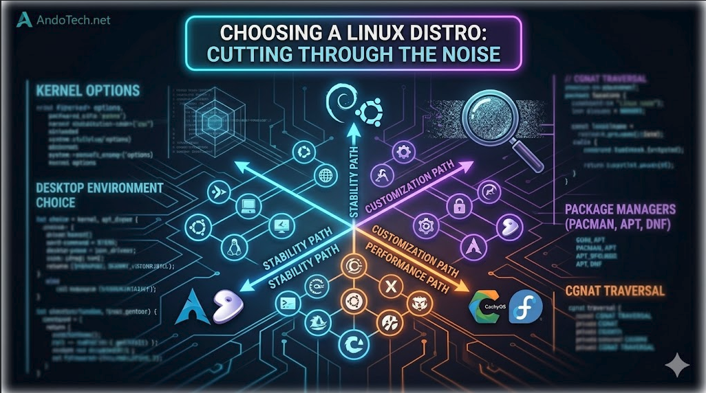 A technical conceptual diagram image for AndoTech showing a matrix of Linux distributions on a dark background with interconnected glowing pathways labeled 'Stability,' 'Performance,' and 'Customization,' visually illustrating a structured way to choose the right distro.