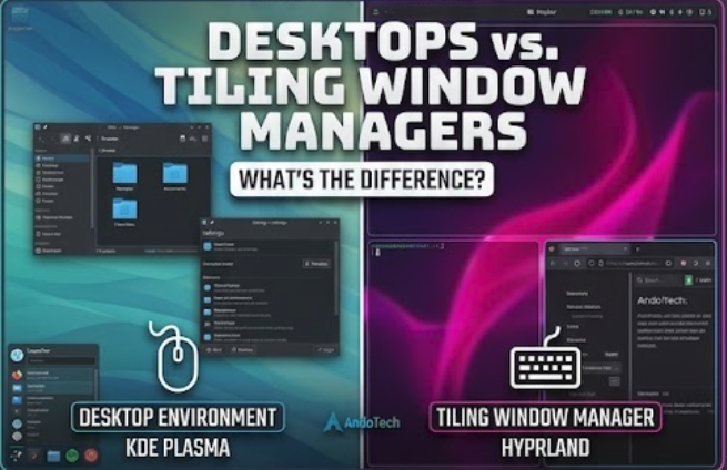 A side by side comparison banner showing the floating windows of KDE Plasma next to the tiling layout grid of Hyprland.