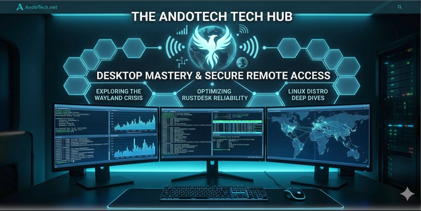 A dark theme technical home page banner for AndoTech featuring a glowing neon phoenix logo, a triple-monitor command station, and text highlights for desktop mastery and secure remote access.