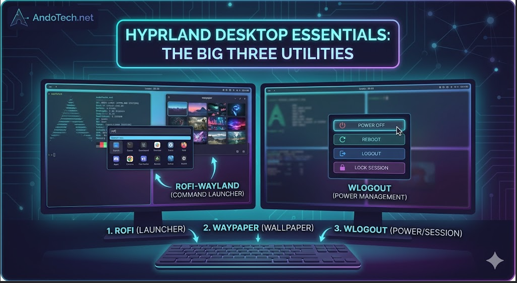 A dark theme technical banner showing a dual-monitor setup running Hyprland, displaying visual callouts for Rofi-Wayland as the command launcher, Waypaper for wallpaper management, and Wlogout for session power controls.