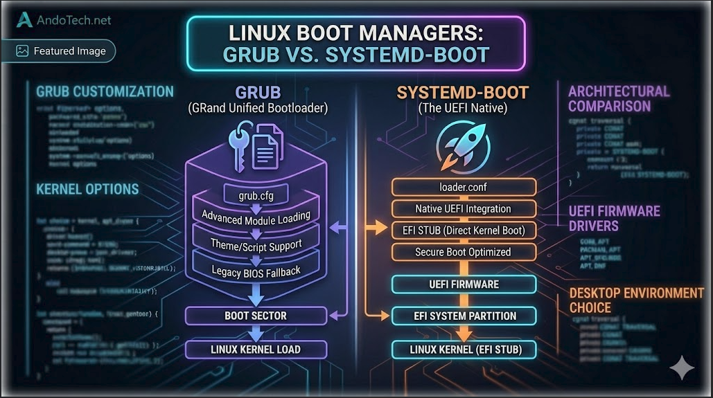 A technical conceptual diagram for AndoTech, visually comparing the architectures of GRUB and systemd-boot on a dark background. The left side (GRUB) shows a deep, customized software stack, while the right side (systemd-boot) illustrates a simplified, integrated EFI pipeline.