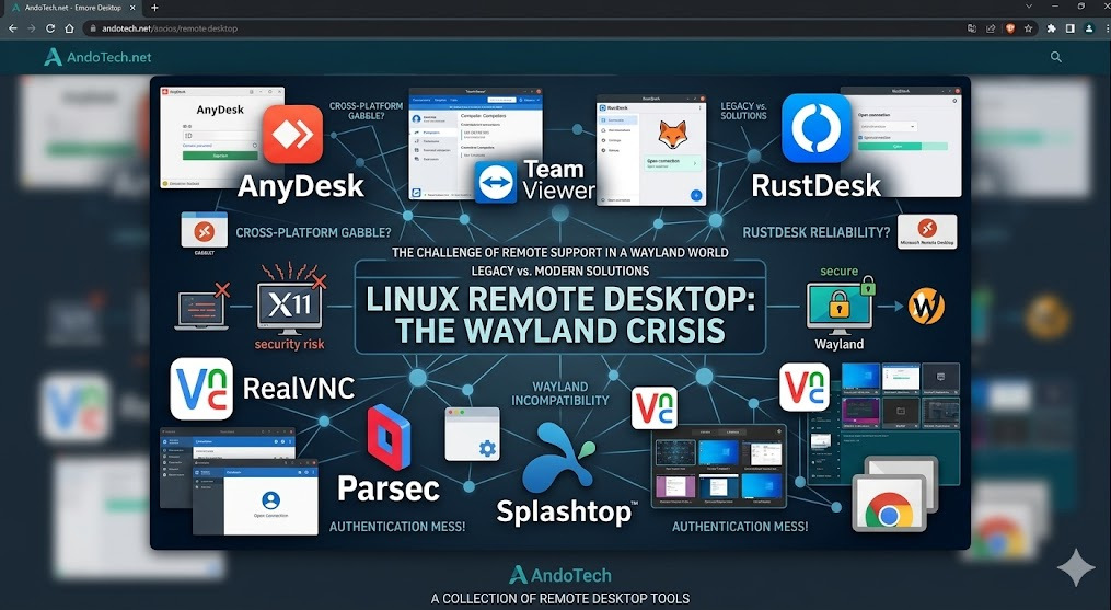 A collage network graphic showing major remote support brands like AnyDesk, TeamViewer, and RustDesk under a Wayland title.