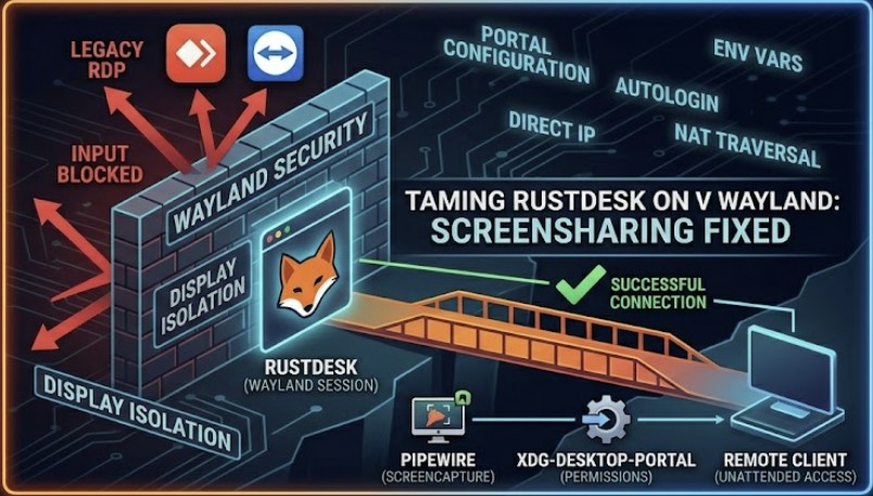A technical diagram showing RustDesk bypassing a Wayland security wall to connect a remote client using PipeWire and XDG desktop portals.