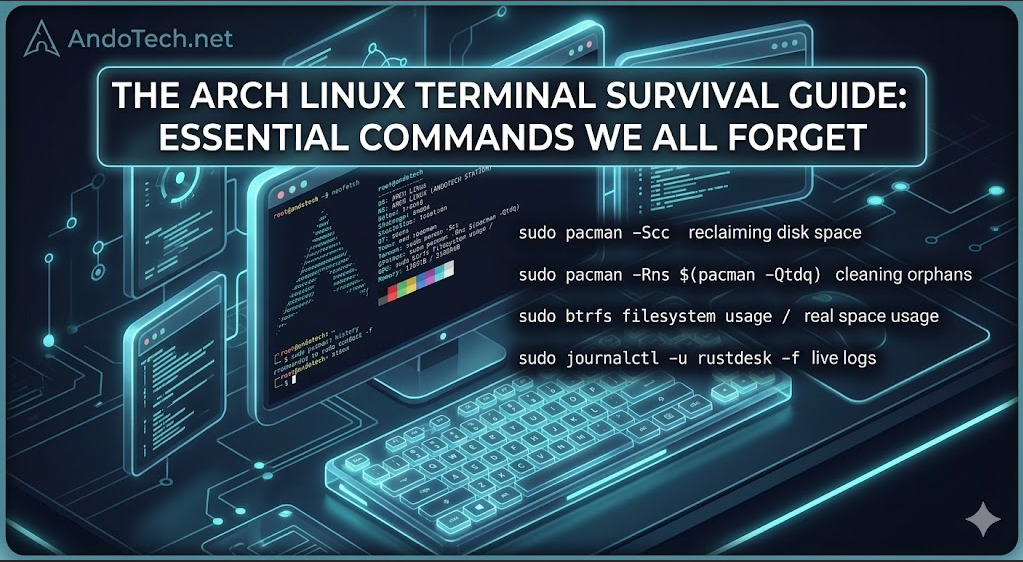 A dark neon tech banner showing a Linux terminal screen with an open neofetch layout and a quick cheat sheet list of essential Arch Linux pacman, btrfs, and systemd commands.