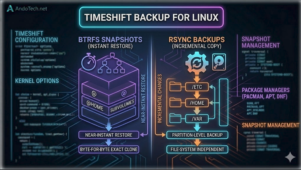 A technical conceptual diagram for AndoTech comparing Timeshift backup systems. The left side displays native Btrfs subvolume snapshots (@ and @home) for instant system restores, while the right side maps out Rsync incremental directory file copies over standard partitions.